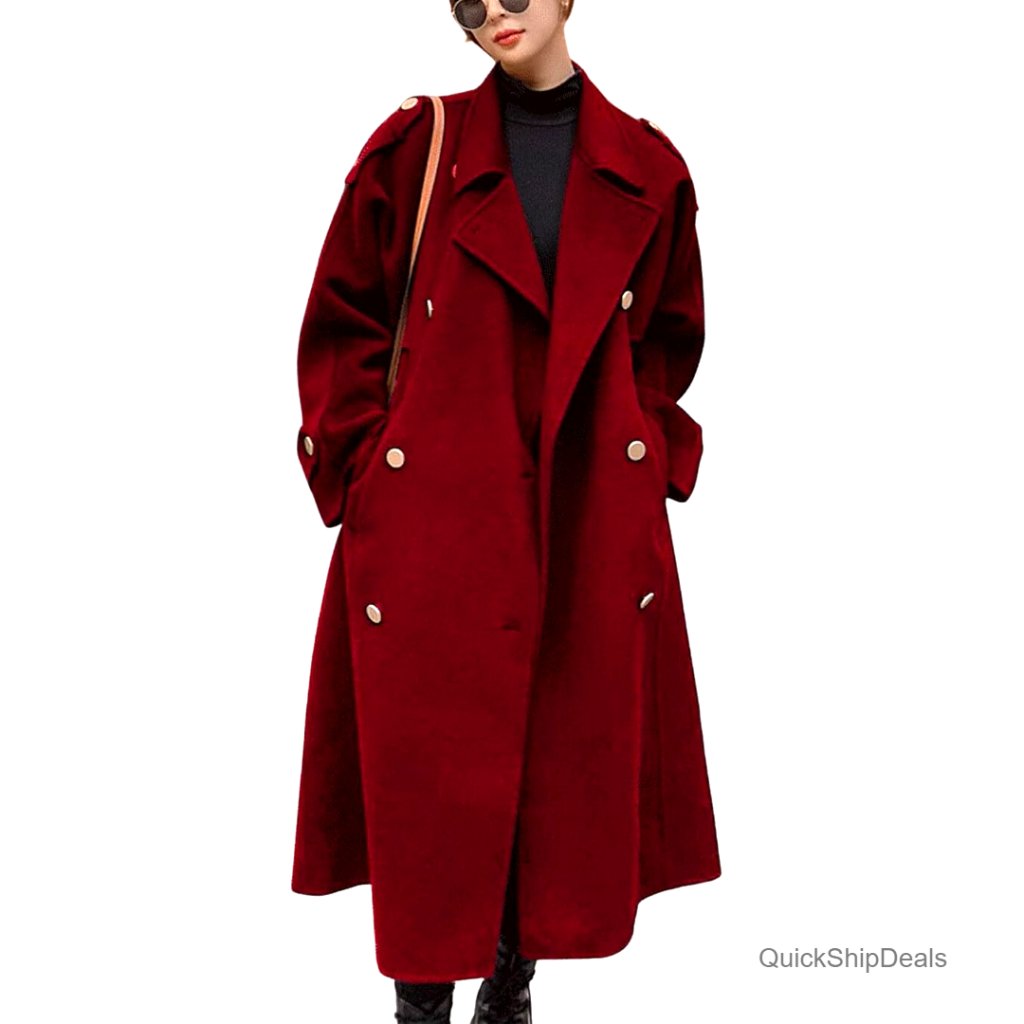 Women's Winter Wool Pea Coat Double Breasted Midi Length Notch Lapel